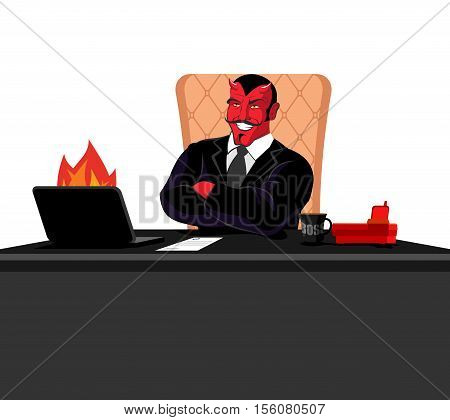 Satan Boss Sitting In Office. Devil Of Workplace. Red Demon At Work. Leader At Job Table. Laptop And
