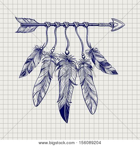 Ball pen sketch arrow with feathers on notebook page. Vector illustration
