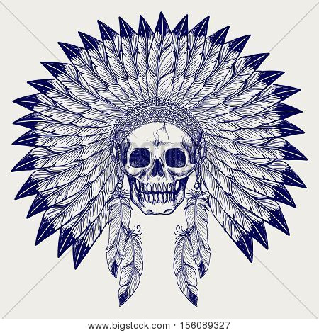 Ball pen sketch skull and native american headdress vector