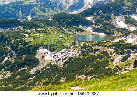 Aerial veiw mountain landscape with Seven Rila Lakes hut in National Park Rila, Bulgaria