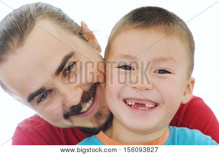Father And Boy Together Smiling Isolated On White