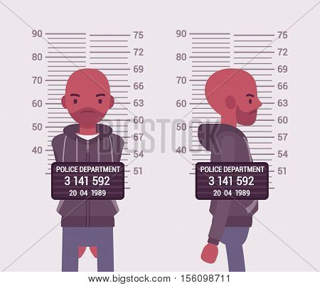 Mugshot of a young black man taken after arrest. Cartoon vector flat-style concept illustration