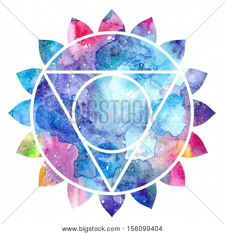 Chakra Vishuddha icon ayurvedic symbol concept of Hinduism Buddhism. Watercolor cosmic texture. Isolated on white background