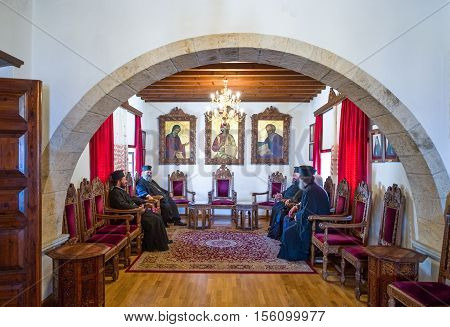 Patmos Greece - May 16 2010: Meeting of priests in the Agios Joannis Theologos Monastry