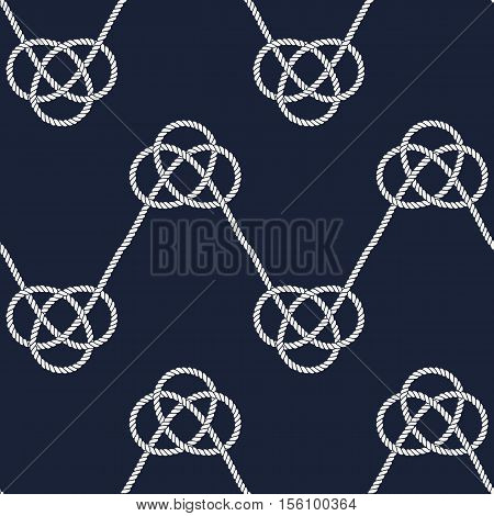 Seamless nautical rope pattern. Endless navy illustration with white loop ornament. Marine Carrick Bend knots on dark blue backdrop. Trendy maritime style background. For fabric, wallpaper, wrapping