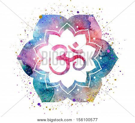 Om sign in lotus flower. Rainbow watercolor texture and splash isolated. Spiritual Buddhist Hindu symbol
