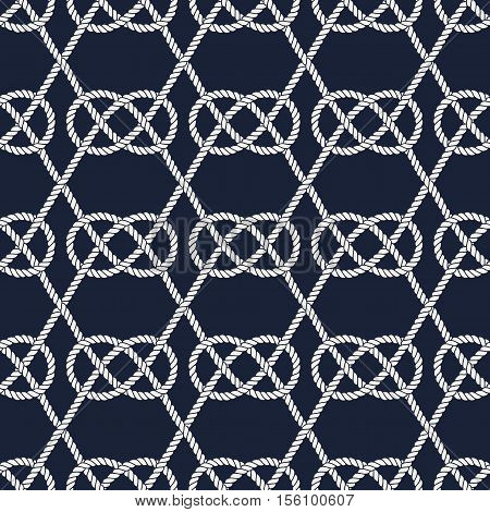 Seamless nautical rope pattern. Endless navy illustration with white loop ornament. Marine Carrick Bend knots on dark blue backdrop. Trendy maritime style background. For fabric, wallpaper, wrapping