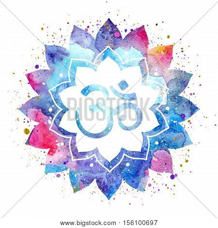 Om sign in lotus flower. Rainbow watercolor texture and splash isolated. Spiritual Buddhist Hindu symbol