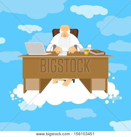 God Sitting In Office. Almighty Of Work Place In Heaven. Grandfather With Beard At Work. Holy Of Wor