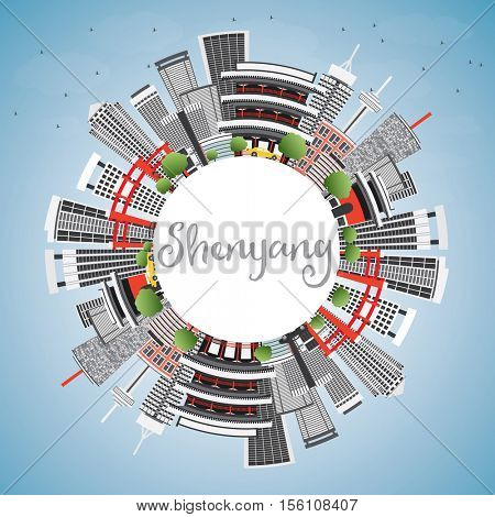 Shenyang Skyline with Gray Buildings, Blue Sky and Copy Space. Vector Illustration. Business Travel and Tourism Concept with Modern Architecture. Image for Presentation Banner Placard and Web Site.