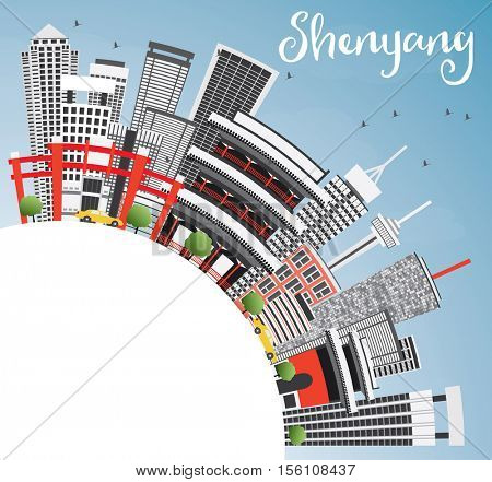 Shenyang Skyline with Gray Buildings, Blue Sky and Copy Space. Vector Illustration. Business Travel and Tourism Concept with Modern Architecture. Image for Presentation Banner Placard and Web Site.