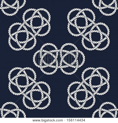 Seamless nautical rope pattern. Endless navy illustration with white loop ornament. Marine Carrick Bend knots on dark blue backdrop. Trendy maritime style background. For fabric, wallpaper, wrapping