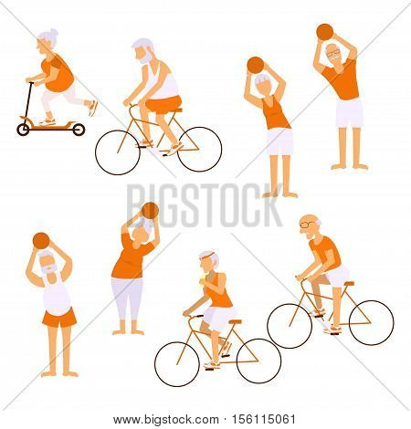 Elderly people doing exercises in different poses. Healthy lifestyle, active lifestyle retiree. Sport for grandparents, elder fitness and cycling for Seniors isolated on white background.  Vector illustration eps10