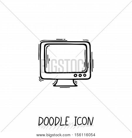 Doodle icon of monitor. Desktop computer, monoblock. Office pictogram.