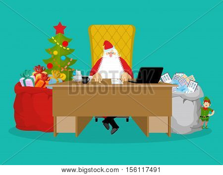 Santa Job. Claus Checks Mail From Children. Big Bag Of Incoming Post. Red Gift Sack Of Toys And Swee