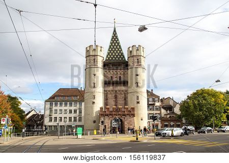 Basel, Switzerland - October 20, 2016: Historic Spalentor city gate in the city center