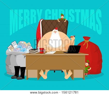 Merry Christmas. Santa Office. Claus Checks Mail From Children. Big Bag Of Incoming Post. Red Gift S