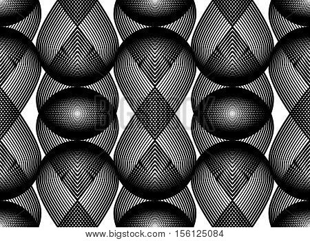 Geometric monochrome stripy overlay seamless pattern black and white vector abstract background. Graphic symmetric backdrop with overlapping geometric shapes.