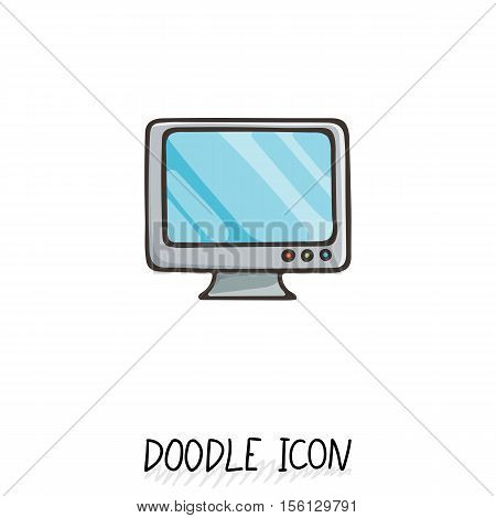 Doodle icon of monitor. Desktop computer, monoblock. Office pictogram.