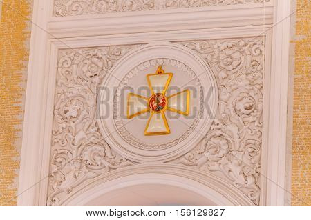 MOSCOW RUSSIA - OCTOBER 27 2016: Details of the interior view of the Georgievsky hall in the Grand Kremlin Palace in Moscow. Built in 1849 the palace is the official residence of the President of Russia.