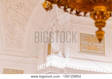 MOSCOW RUSSIA - OCTOBER 27 2016: Details of the interior view of the Georgievsky hall in the Grand Kremlin Palace in Moscow. Built in 1849 the palace is the official residence of the President of Russia.