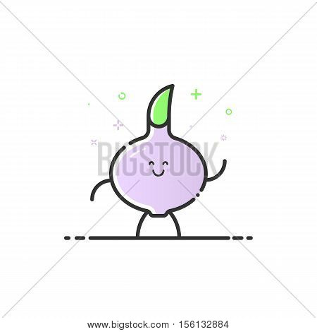 Vector illustration of funny garlik character cartoon isolated in line style. Linear puprle cute vegetable icon with face smile. Flat design banner web and mobile app Outline vegan expression