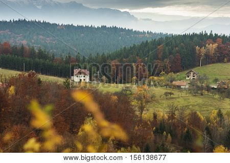 Idyllic autumn landscape in the Carpathian mountains in Romania. View from Poiana Marului.