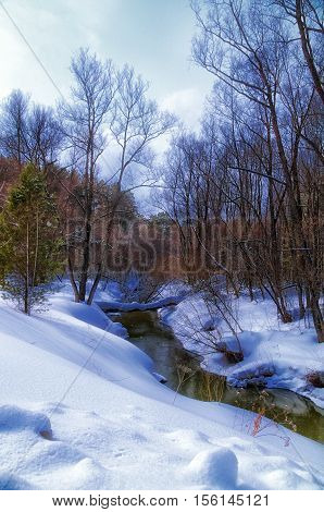 River spring free from ice. Around snow