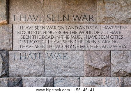 WASHINGTON D.C.,USA - AUGUST 14,2016 : Wall with speech against war at the the Franklin Delano Roosevelt Memorial in Washington D.C.