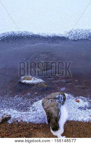 water freezes on the river bank in november