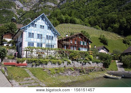 QUINTEN, SWITZERLAND - NOV 10, 2015: Quinten facing Lake Walen on Nov 10, 2015 in Quinten, Switzerland. Lake Walen is a beautiful lake near Zurich.