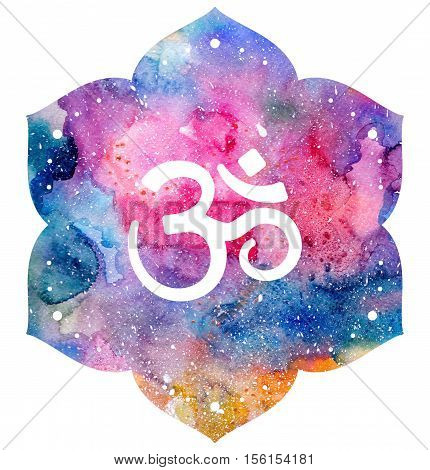 Om sign in lotus flower. Rainbow watercolor texture. Element isolated. Spiritual Buddhist Hindu symbol