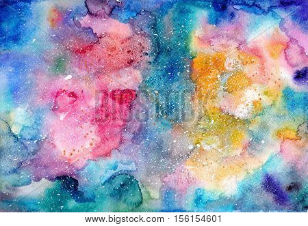 Watercolor multicolored bright texture cosmic space background