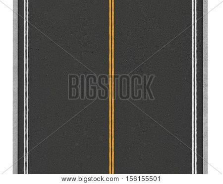 3d rendering of alonely two-way asphalt road, isolated on a white background, top view. Road markings and signs. New horizons and opportunities. An unfamiliar path. Travel concept  illustration.