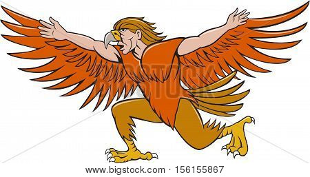 Illustration of a Lleu or Lleu Llaw Gyffes half man half eagle spreading wings viewed from the side on isolated white background done in cartoon style.