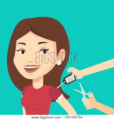 Cheerful woman removing price tag off new t-shirt. Young caucasian woman cutting label off new clothes with scissors. Woman shopping at clothes store. Vector flat design illustration. Square layout.