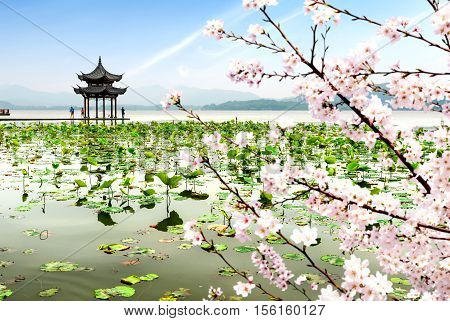 chinese ancient pavilion on the west lake in hangzhou