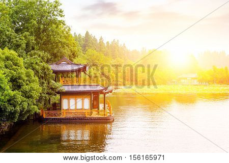 Traditional ship at the Xihu (West lake) Hangzhou China