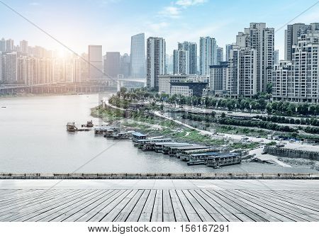 andscape of downtown near water of chongqing in blue sky