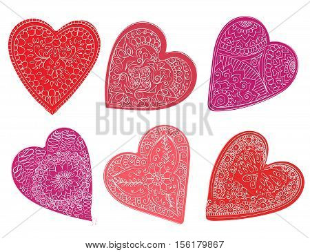 Abstract pattern of tattoo henna hearts. Stock mehndi set for design on white background. Vector hearts for Valentines day