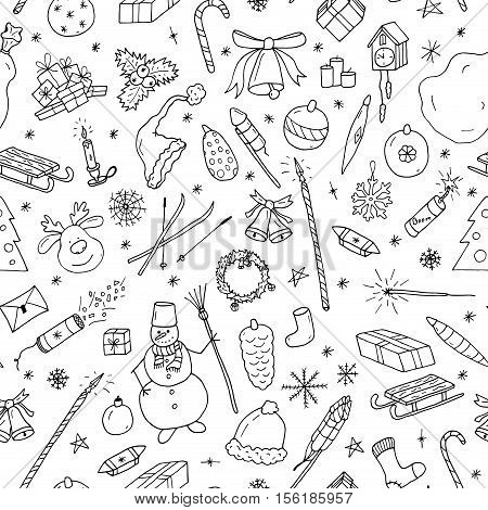 Christmas seamless pattern in doodle style.Hand drawn vector illustration.
