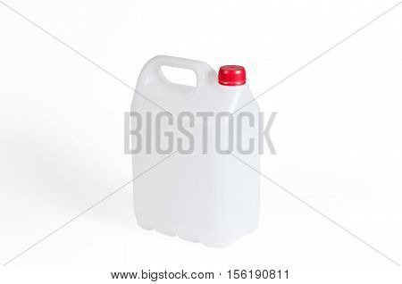 White plastic jerrycan  with a red cap on white background.