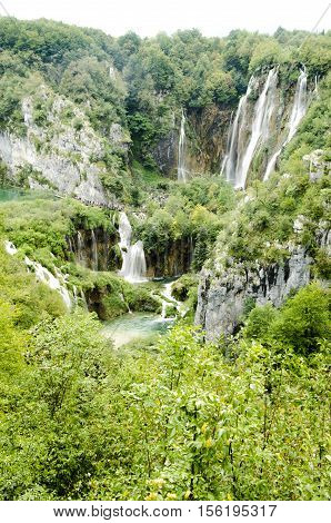 landscape of plitvicka lake national park at sunset unesco heritage site plitvice croatia.