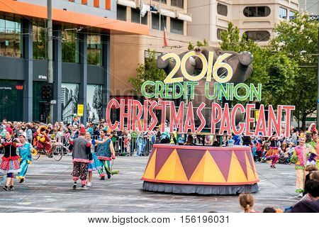Adelaide South Australia - November 12 2016: More than 250.000 came to the city centre to see 172 colourful sets of floats bands dancers clowns and Father Christmas. The Credit Union Christmas Pageant is one of the biggest events in South Australia