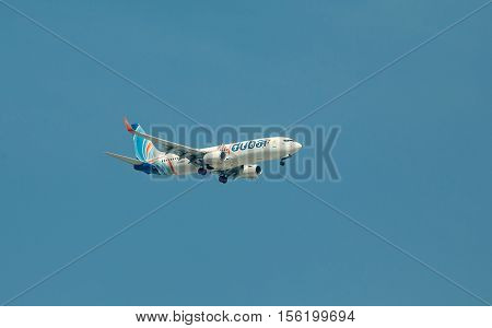 DUBAI UAE - NOVEMBER 7 2016: Flydubai Boeing 737-8KN(WL) - A6-FEH take off Dubai Dubai International Airport. Flydubai
