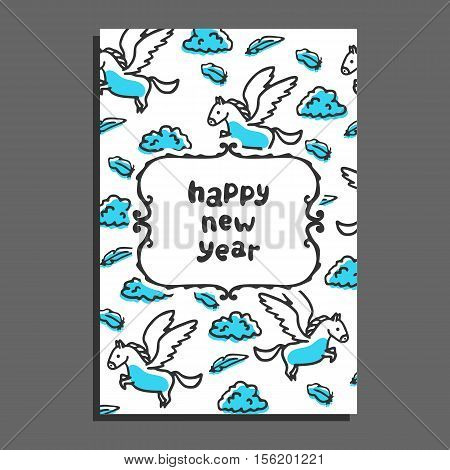 Happy new year greeting card with pegasus and stars. Cute cartoon vector childish pattern on white background