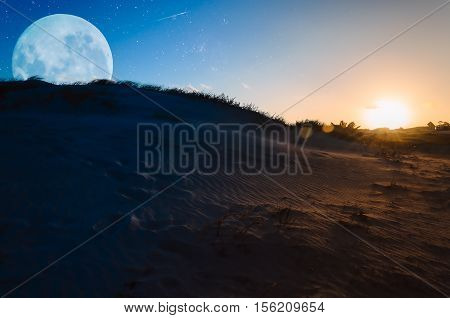 Night and day. Moon and Sun. Photo fantasy