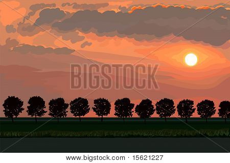 Vector Landscape With Bright Beautiful Sunset