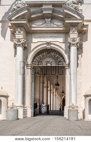 Rome Italy - August 18 2016: Soldiers guarding the door of The Quirinal Palace. It is a historic building in Rome official residence of the President of the Italian Republic.