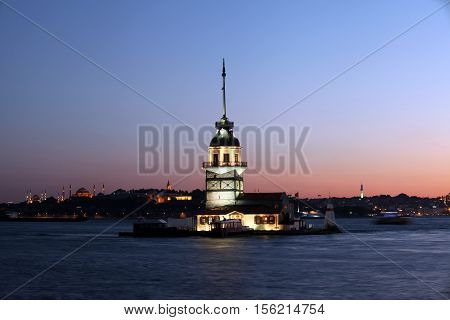 Ancient Maiden's Tower at night in Istanbul, Turkey.